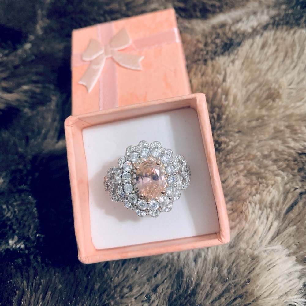 Pink Ice-Lab Grown/Diamond Pink Halo Wedding Ring 14k White GP Size 6.5
